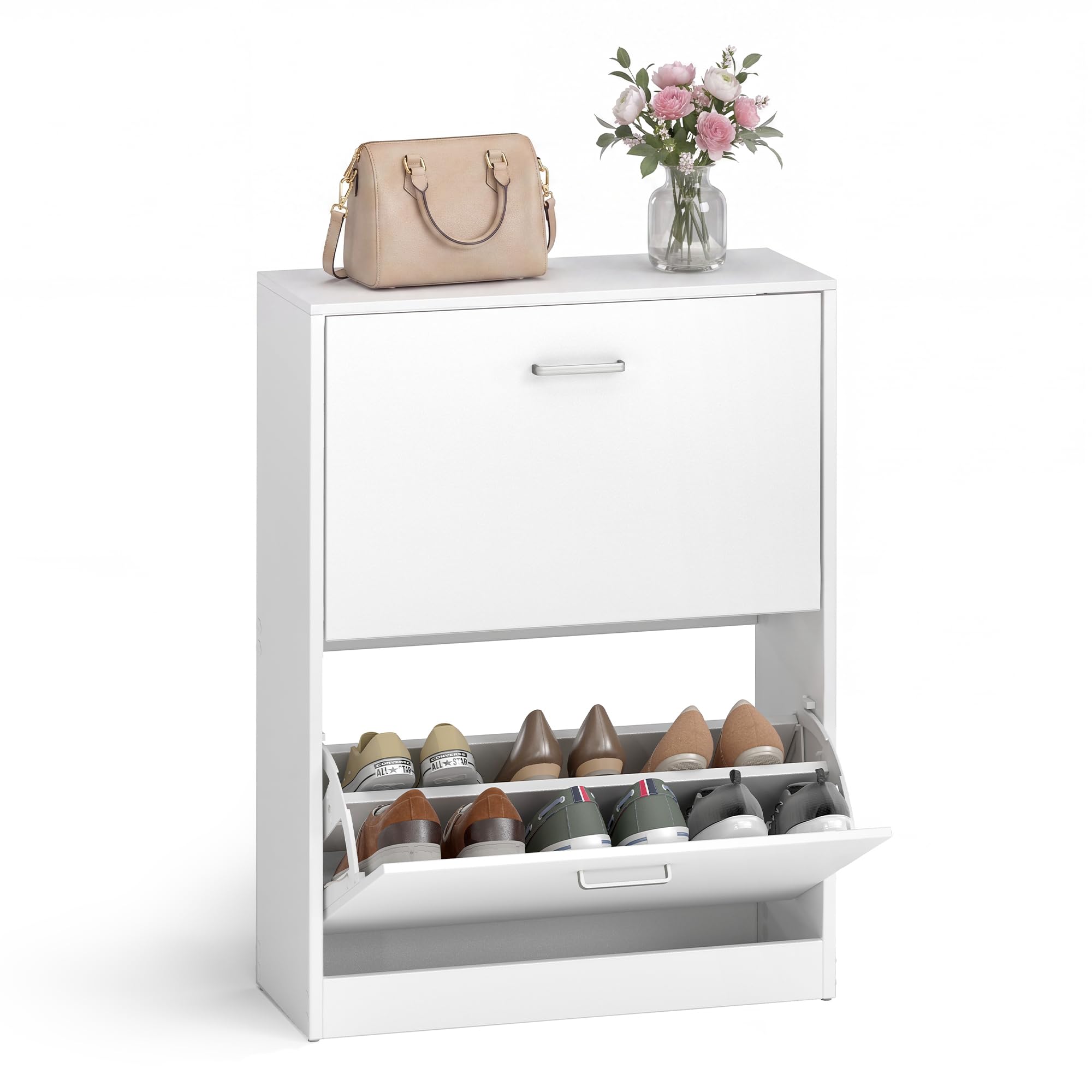 VASAGLE Schuhschrank mit 2 Klappen, Schuhkipper, Trennwände verstellbar und abnehmbar, für 12 Paar Damenschuhe oder 8 Paar Herrenschuhe, Kleiner Flur, 60 x 24 x 83,5 cm, weiß LBC02WT