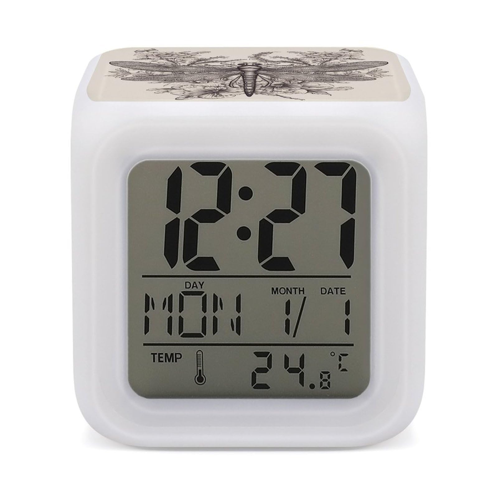 LZQPOEAS Hand Drawn Floral Dragonfly Alarm Clock with 7 Color Changing Nightlight for Bedroom Calendar Temperature Display Wake Up Digital Clock Small Desk Clocks for Heavy Sleepers Adults