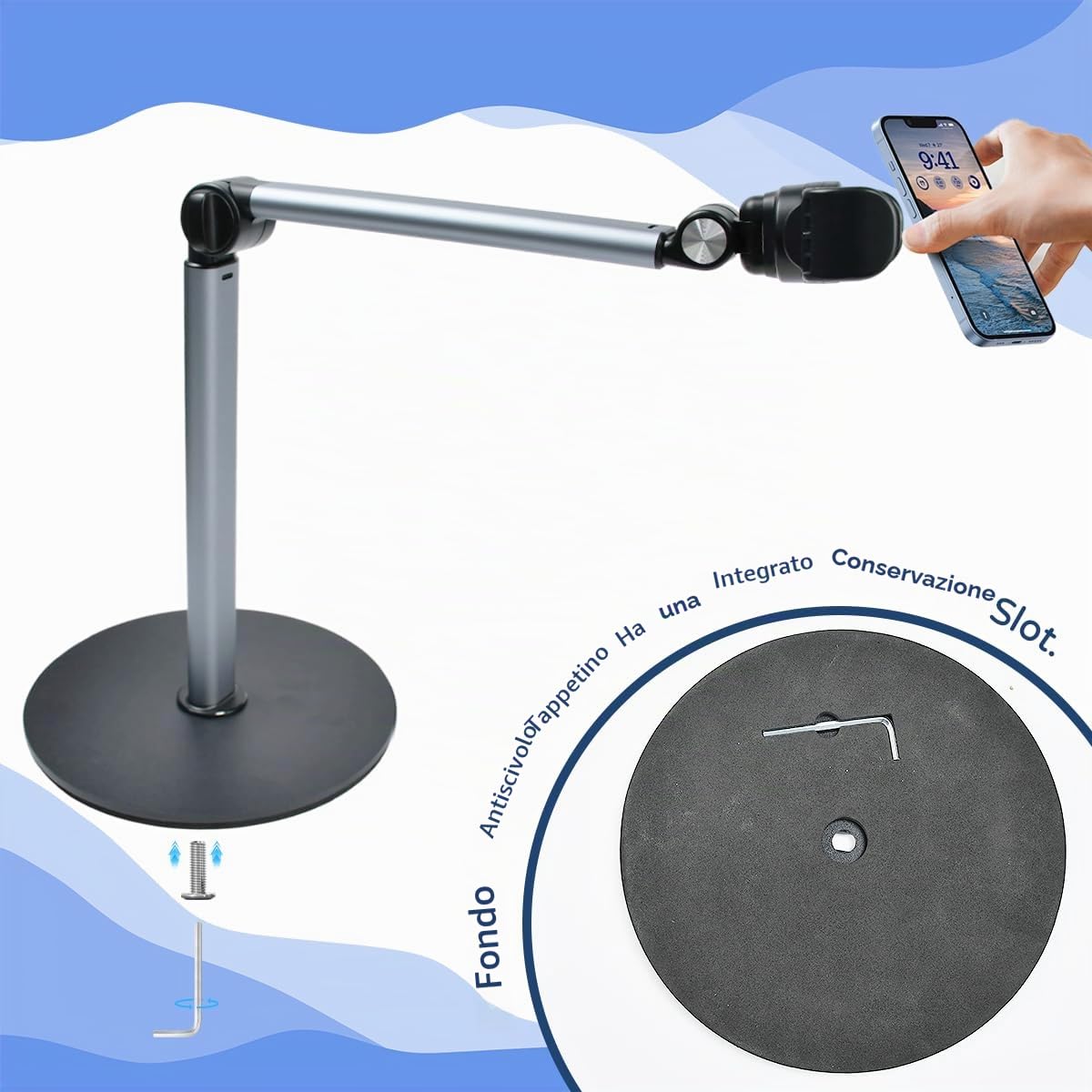 Supporto da Tavolo per Telefono Cellulare Supporto per Telefono con Braccio Telescopico e Rotazione di 360° PortaCellulare per Video con Robusta Base per Riprese Fotografiche Piatte Livestream