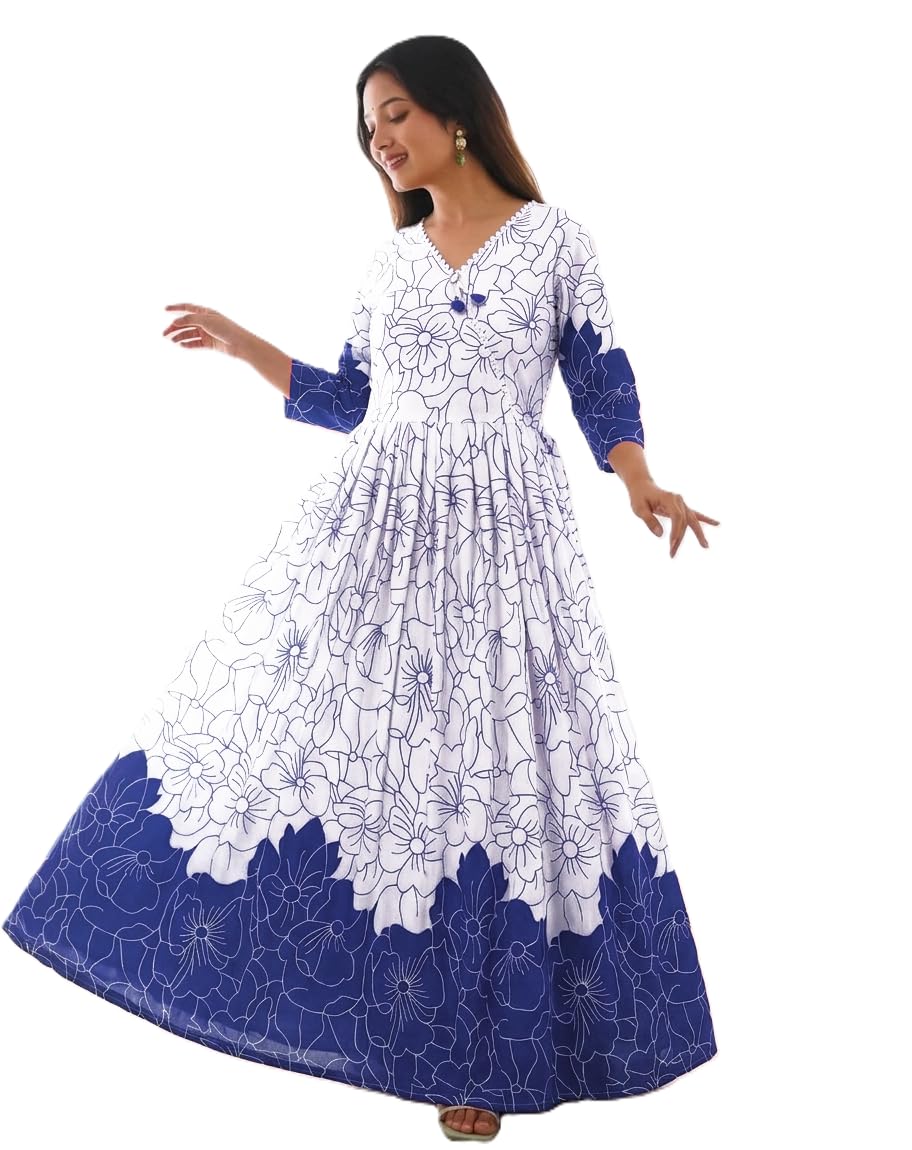 Women's Floral Printed Anarkali Kurti Dress, V-Neck, 3/4 Sleeve, Flared Long Ethnic Gown for Casual-image-19