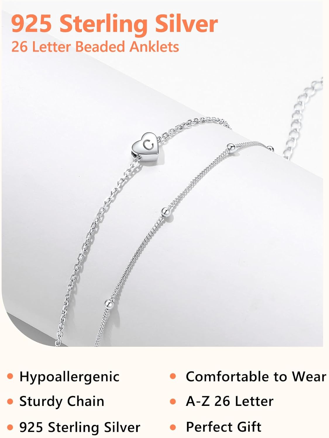 Silvora 925 Sterling Silver Anklets for Women Heart Anklet with Beaded Heart Initial Anklets for Womens - Image 6