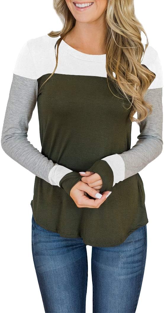 Minthunter Women's Long Sleeve Crew Neck Cute Tunic Color Block Tops