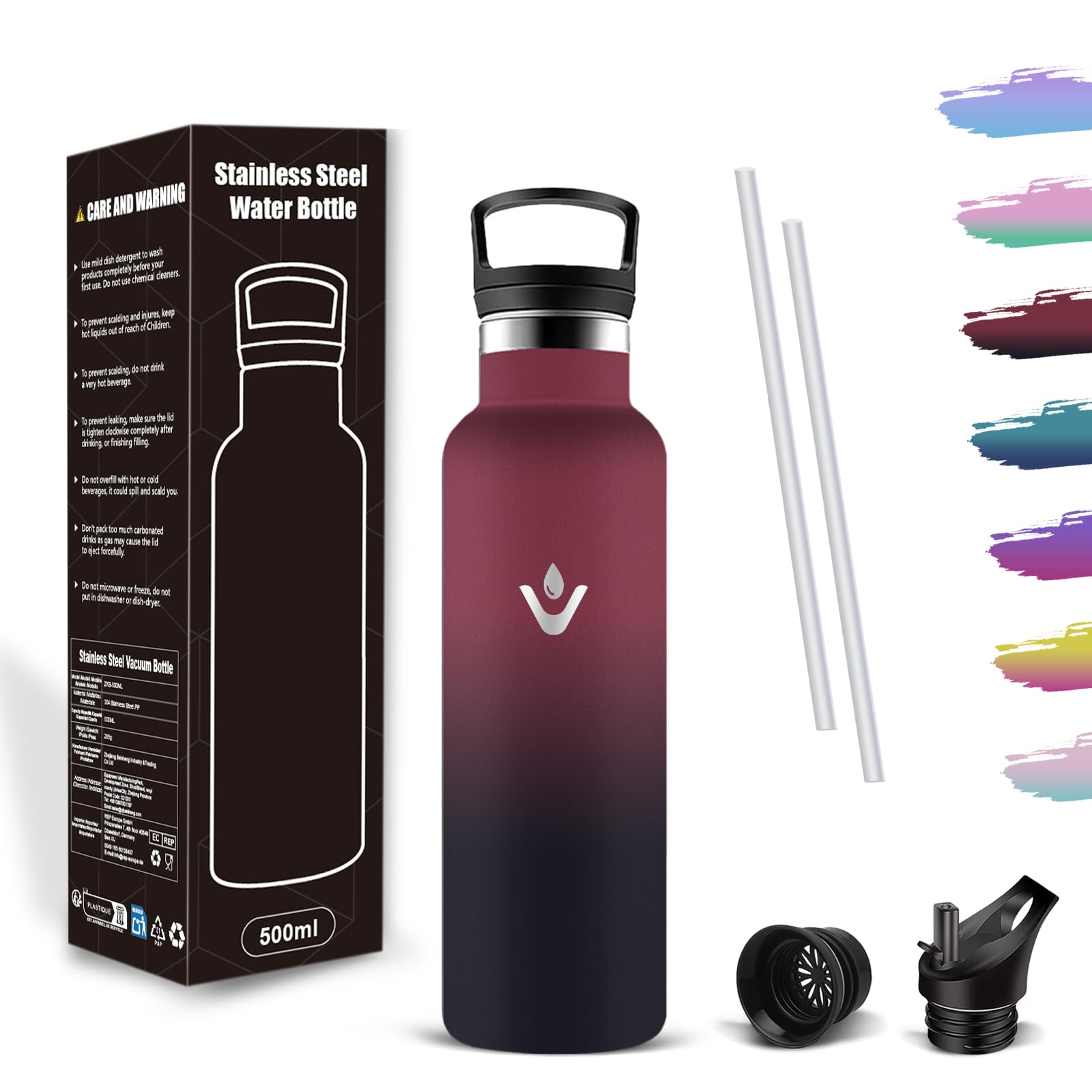 Mujigaga 500ml Thermal Water Bottle, Vacuum Insulated Stainless Steel Water Bottle with Straw, Leak-Proof Design and BPA Free for School, Cycling, Camping, Kids, Yoga