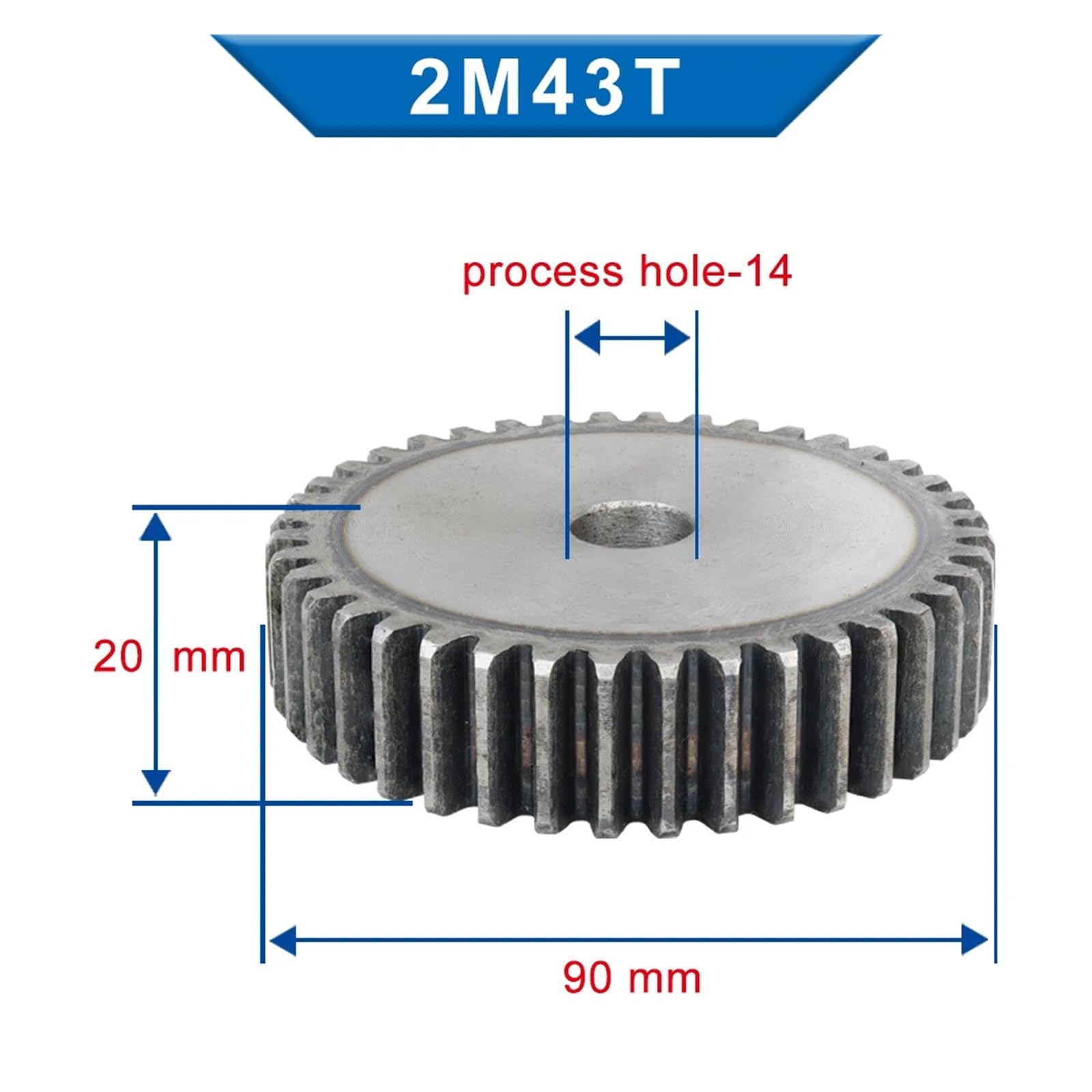 Bevel Gear Pinion Hardware Mechanical Spur Gear 2M-41T/42T/43T/44T Teeth Pitch 6.28 Mm Gear Thickness 20 Mm Bore 14 Mm Cylindrical Gear Low Carbon Steel(43 Teeth)
