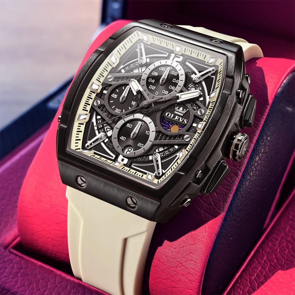 OLEVS Watch Men Casual Luxury Square Large Face Skeleton Multifunctional Chronograph Men's Watches Fashion Silicone Waterproof Mens Watches with Date Moon Phase Analog Wrist Watch Reloj para Hombre - Image 5