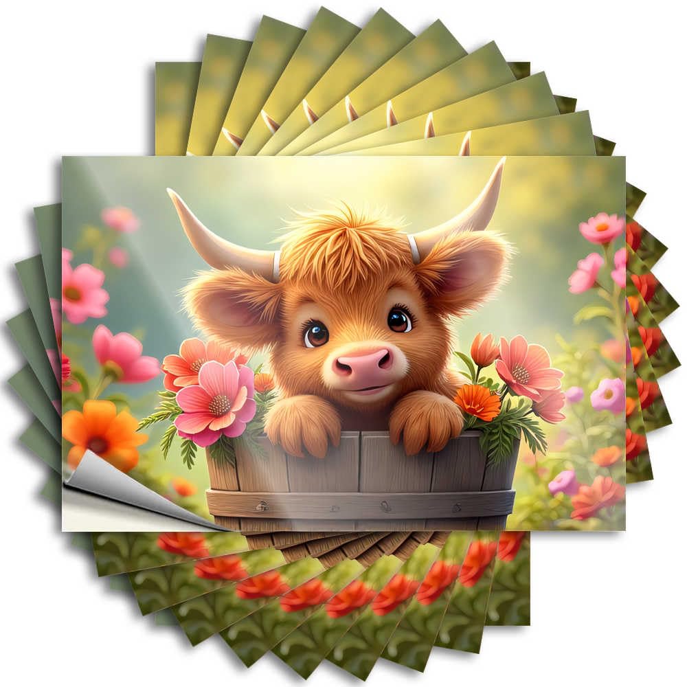 Funny Stickers for Cars, Adorable Highland Cow Stickers in a Flower Basket, 10pcs Funny Signs for Room Without Stupid People (8x12cm)