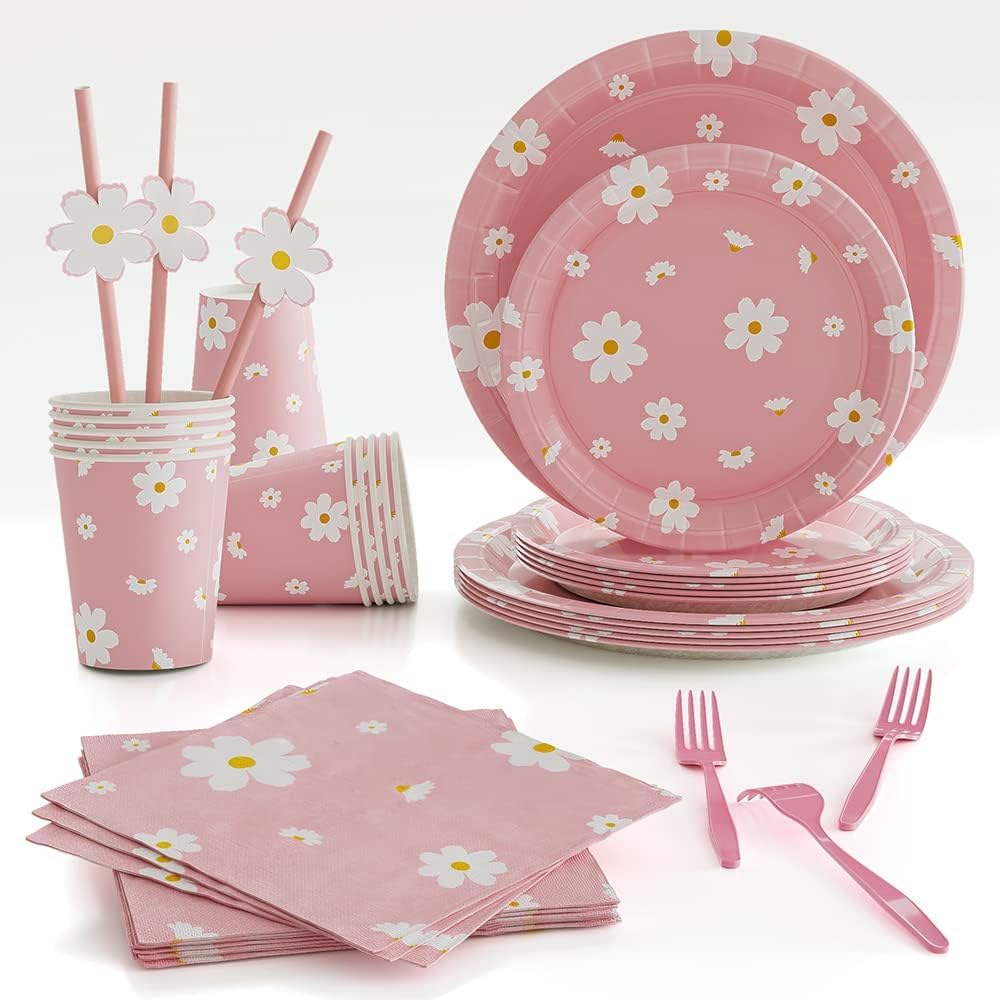 GIHOO Daisy Party Tableware Decorations 96pcs Daisy Paper Plates,Cups,Napkins,Straws,Forks for Flowers Summer Groovy Boho Girls Birthday Party Disposable Tableware Supplies