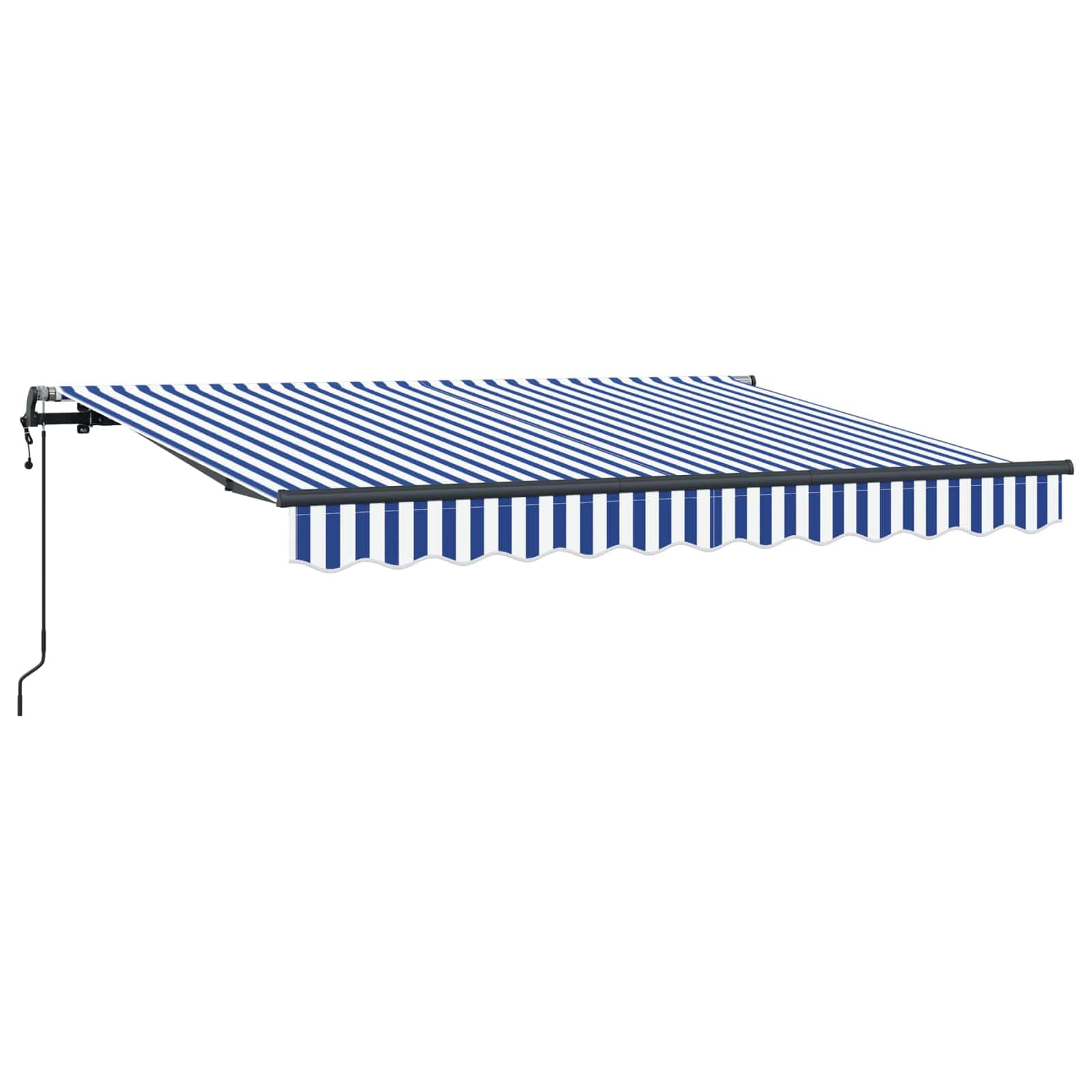 Toldo retráctil de 250 x 200 cm con brazo articulado con mando a distancia, toldo para terraza y balcón, marco de aluminio estable en blanco, tela a rayas en azul