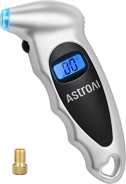 AstroAI Digital Tire Pressure Gauge 0-150PSI, Accurate in 0.1 Increments, Tire Pressure Gauge with Backlit LCD and Presta Valve Adaptor, 4 Units of Measurement for Car Truck Bicycle, Silver