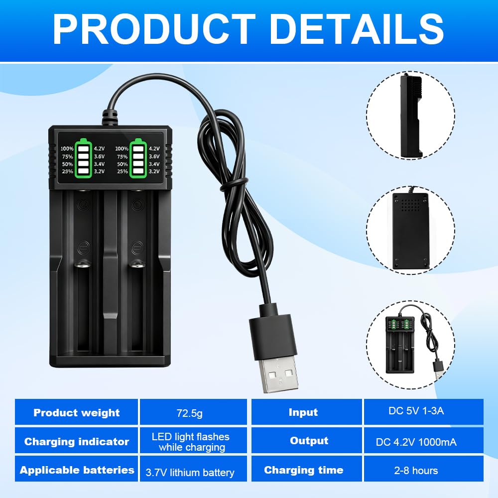 Battery Charger Set with 2 Pack 3.7V 2200mAh Battery Button Top Li-ion, 2-Bay 3.7V, Li-ion Rechargeable Batteries for 18500 21700 26650 14500 16340 10440 18650 (2 Pack) — view 3