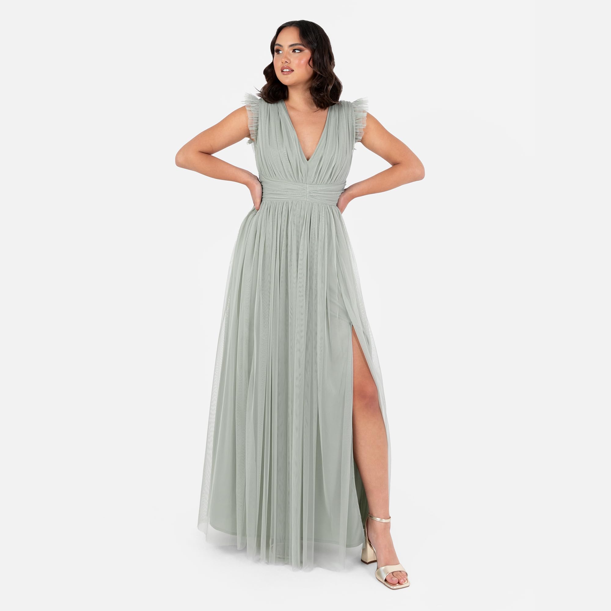 Anaya with Love Damska sukienka maxi damska z dekoltem w serek krótki rękaw split tiul linia A dla gości weselnych wieczór panieński okazja Ball Gown Kobiety, Mrożona zieleń, 42