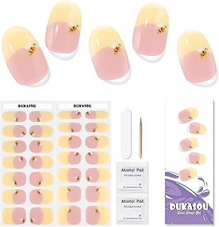 Semi Cured Gel Nail Strips,28 PCS Nail Art Stickers(Yellow BER),Gel Stickers for Nails UV Light,Nail Polish Strips Includes Prep Pads, Nail File & Wood Stick