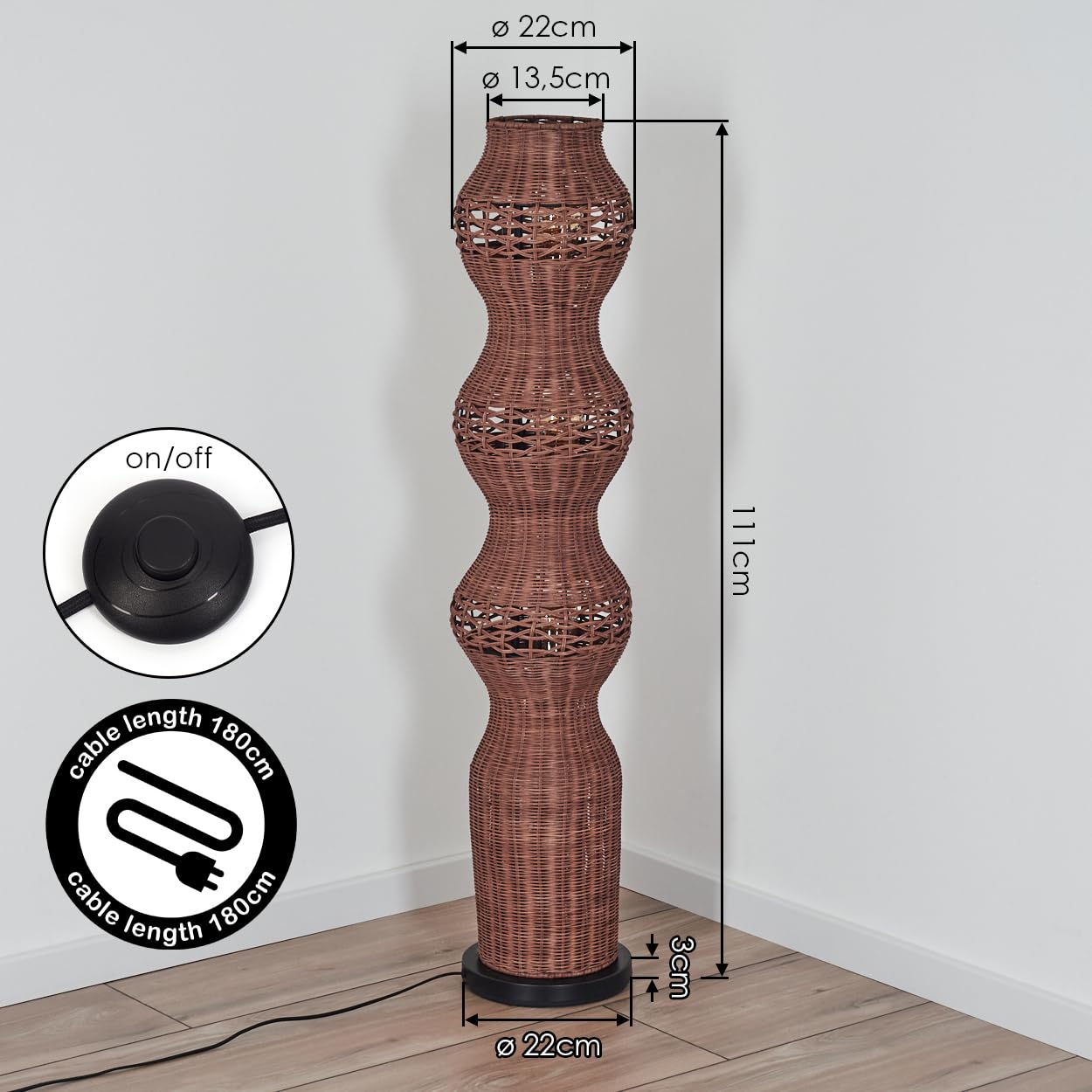 HOFSTEIN Stehleuchte Cardeira, Stehlampe im skandinavischen Design, Boho-Style mit Schirm aus Ratten in Braun und Lichteffekt, E27, Höhe 111 cm, Fußschalter - Wohnzimmer, Schlafzimmer, Esszimmer, Flur
