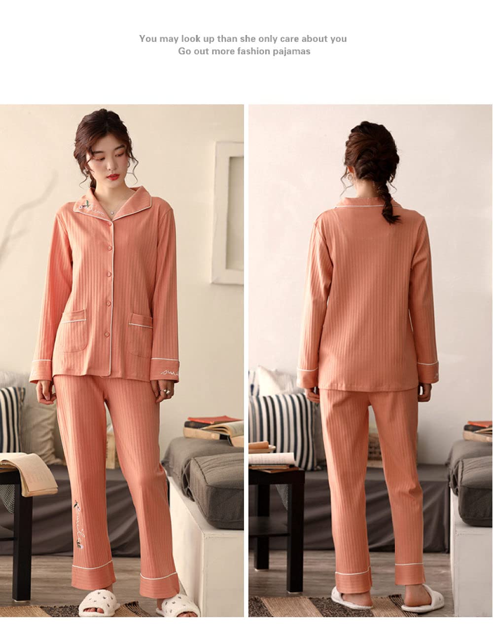 Manga Larga Pijama De Mujer De Dos Piezas,Conjunto De Pijama De Manga Larga para Mujer, Cuello Clásico con Muesca, Suave Y Cómodo, Ropa De Salón De Algodón para Mujer, Pijama De Otoño Invierno,