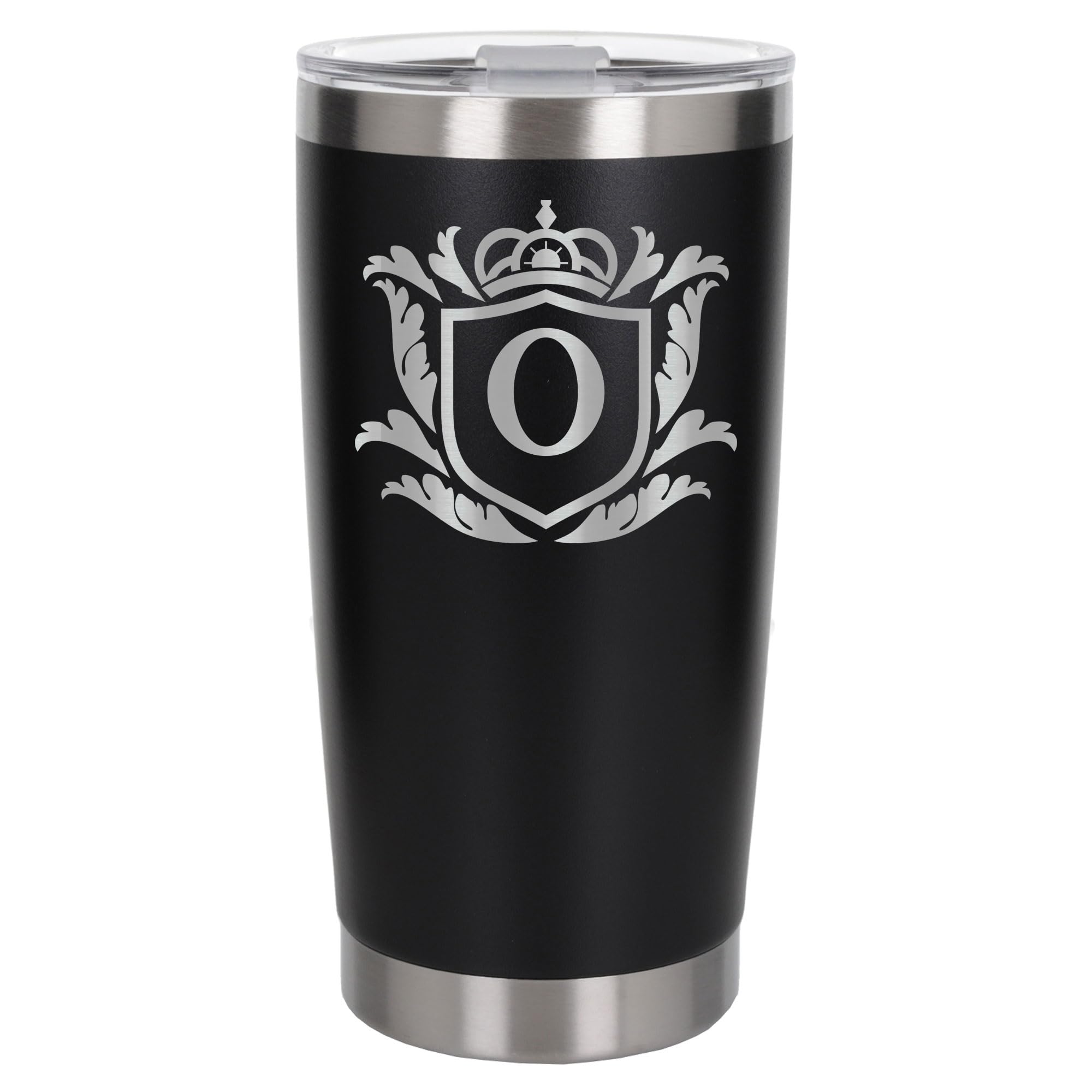 Customised Gifts 500ml Engraved Shield Initial Monogram Insulated Personalised Black Travel Mug for Men and Women - Personalised Initial Coffee Travel Mug for Hot and Cold Beverages, Letter O