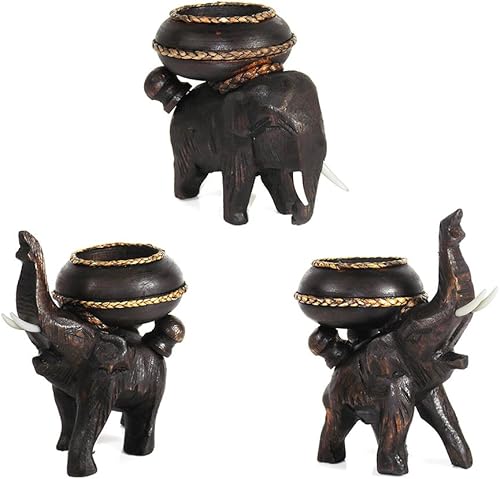 AeraVida Juego de portavelas de madera tallado con tres elefantes Portavelas decorativo Portavelas de árbol de lluvia Portavelas de elefante