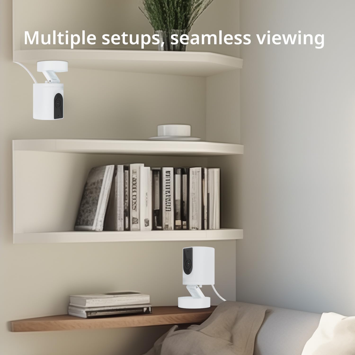 BoyKeep Indoor Security Camera installed in multiple locations on shelves, demonstrating flexible placement.