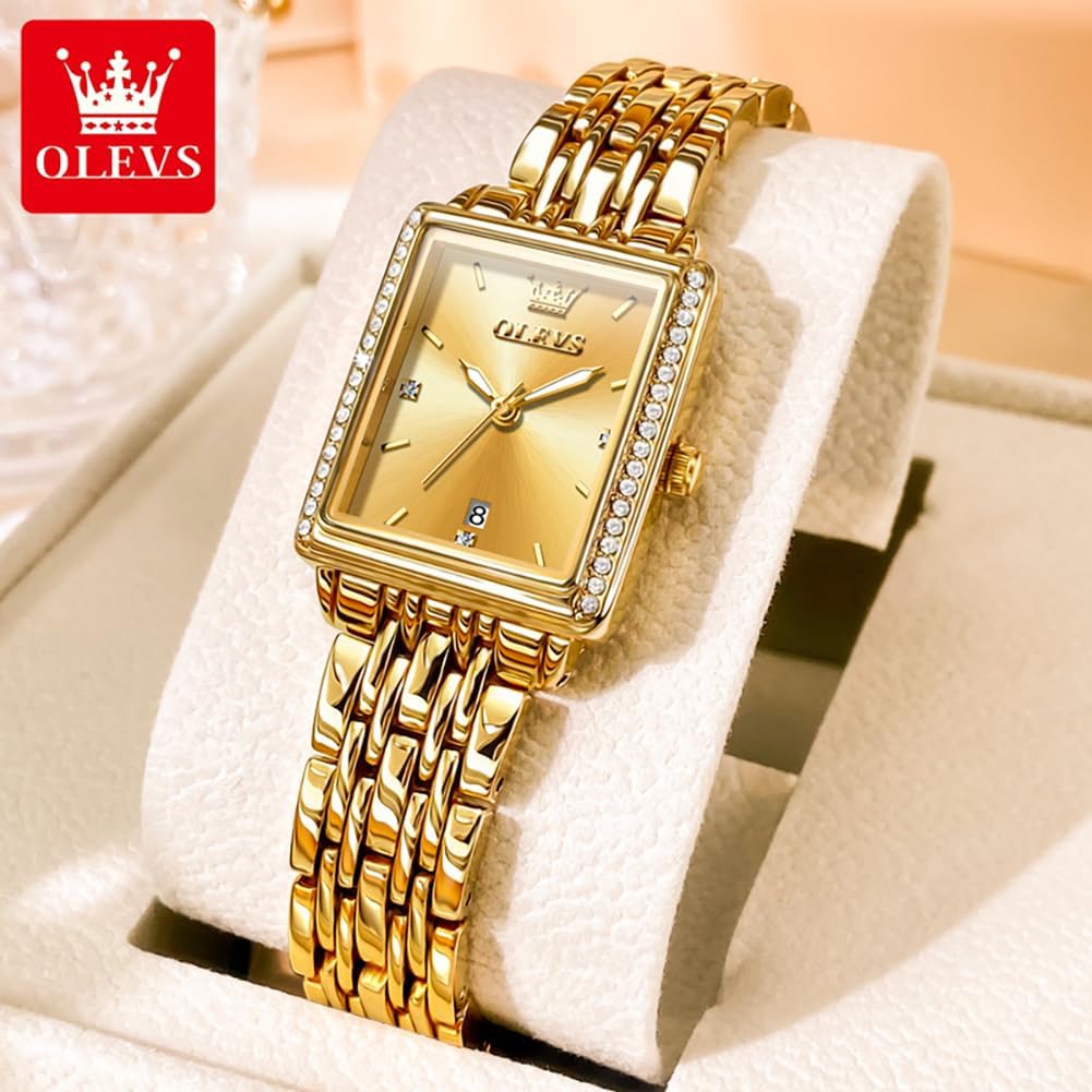 OLEVS Gold Watches for Women Square Luxury Business Rectangle Ladies Watches for Woman with Date Water Resistant Ladies Watch for Small Wrists Reloj para Mujer Diamond Blue/Green/Black/White/Gold - Image 8