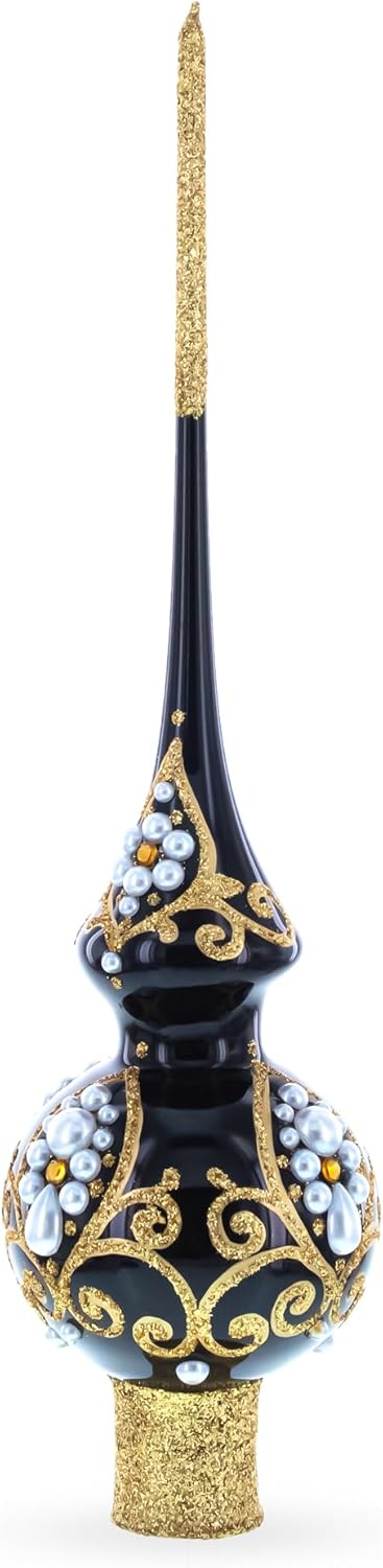 Elegant Black and Gold Filigree Design Glass Christmas Tree Topper 11 Inches