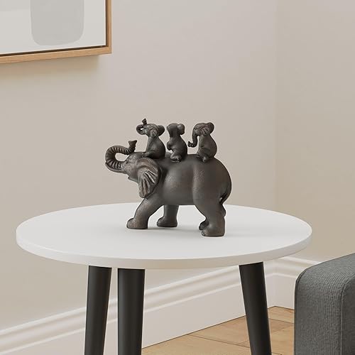Miniatura 2 de Nature's Mark Estatua de resina de 8 pulgadas de alto, 3 elefantes montando un elefante, decoración decorativa para el hogar (marrón)