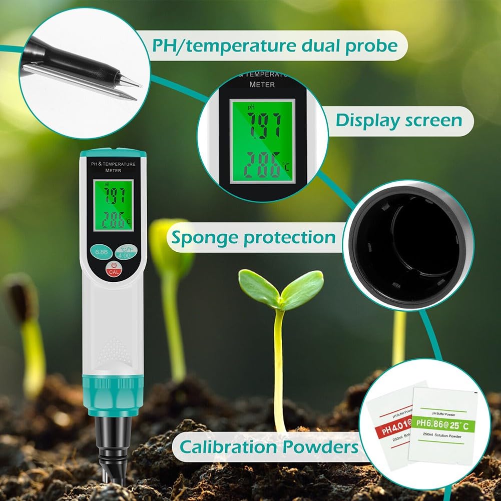 Misuratore di pH digitale per alimenti con sonda di temperatura, per calibrazione automatica e pasta madre ATC, carne, formaggio, suolo e giardinaggio
