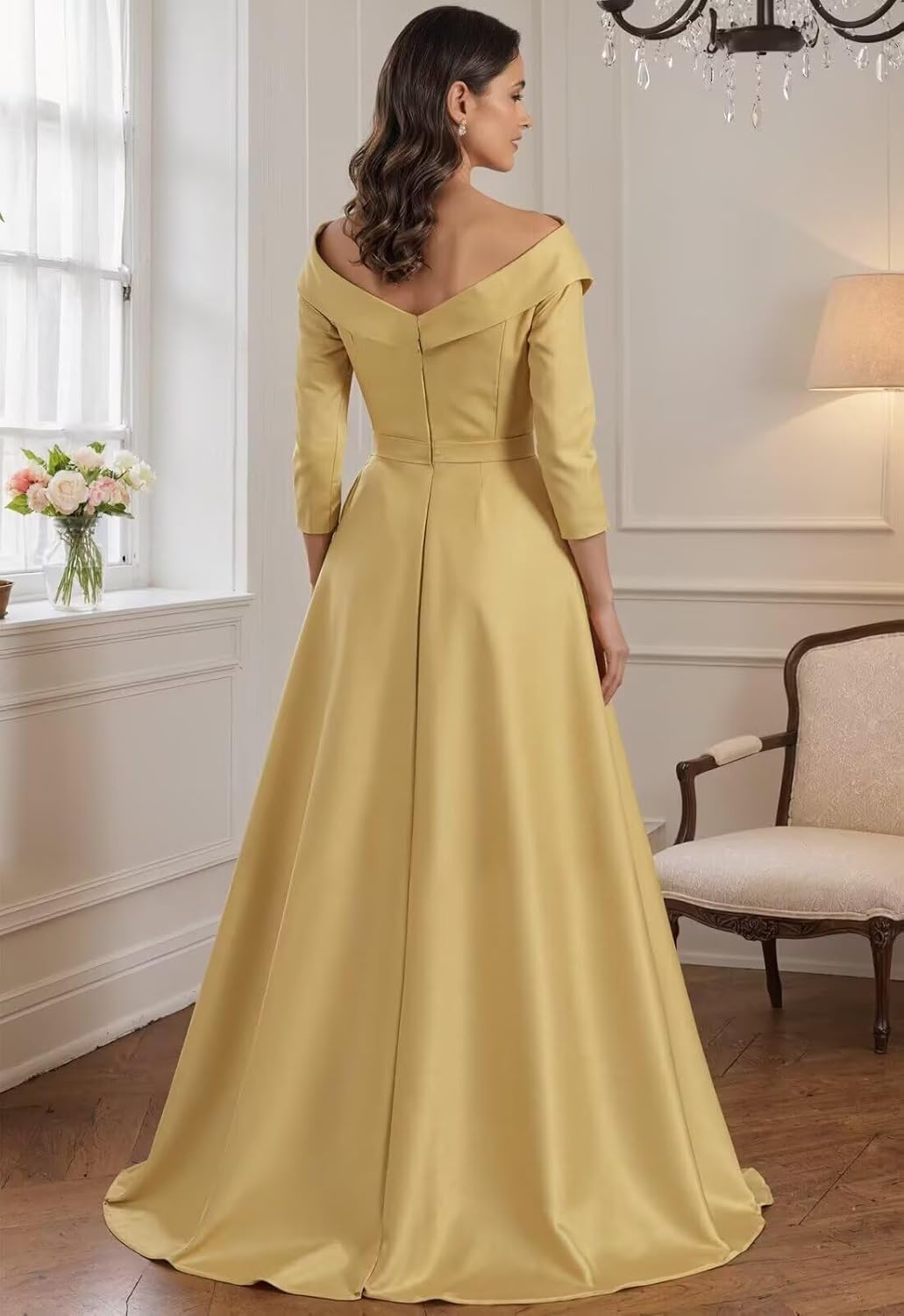 Satin Mother of The Bride Dresses for Women Long Sleeve V Neck Long Formal Evening Party Dress with Pockets - Image 3