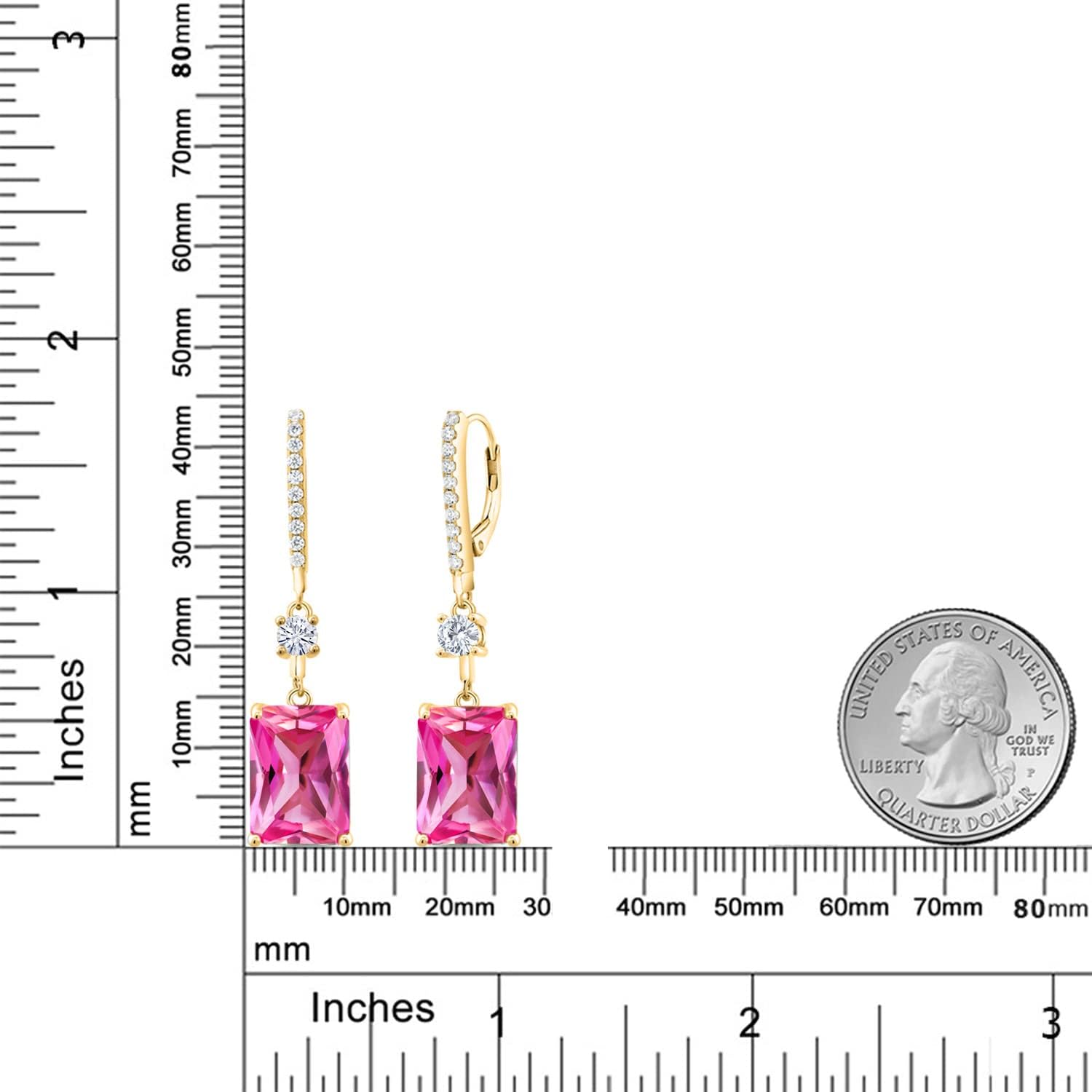 Gem Stone King 18K Yellow Gold Plated Silver Pink Created Sapphire and Moissanite Dangle Earrings for Women | 14X10MM Emerald Cut | 20.76 Cttw