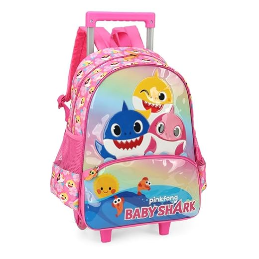 Mochila Escolar Infantil Baby Shark C/Rodinhas Luxcel Rosa