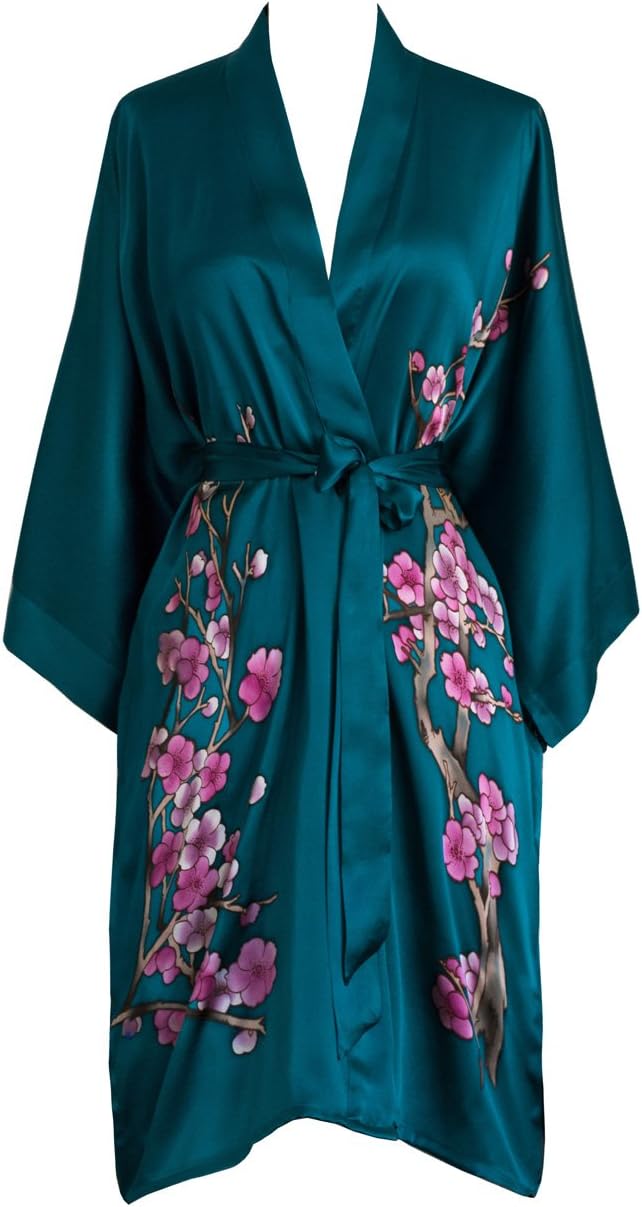 Old Shanghai Women's Silk Kimono Short Robe - Handpainted, Cherry Blossom Teal, One Size.