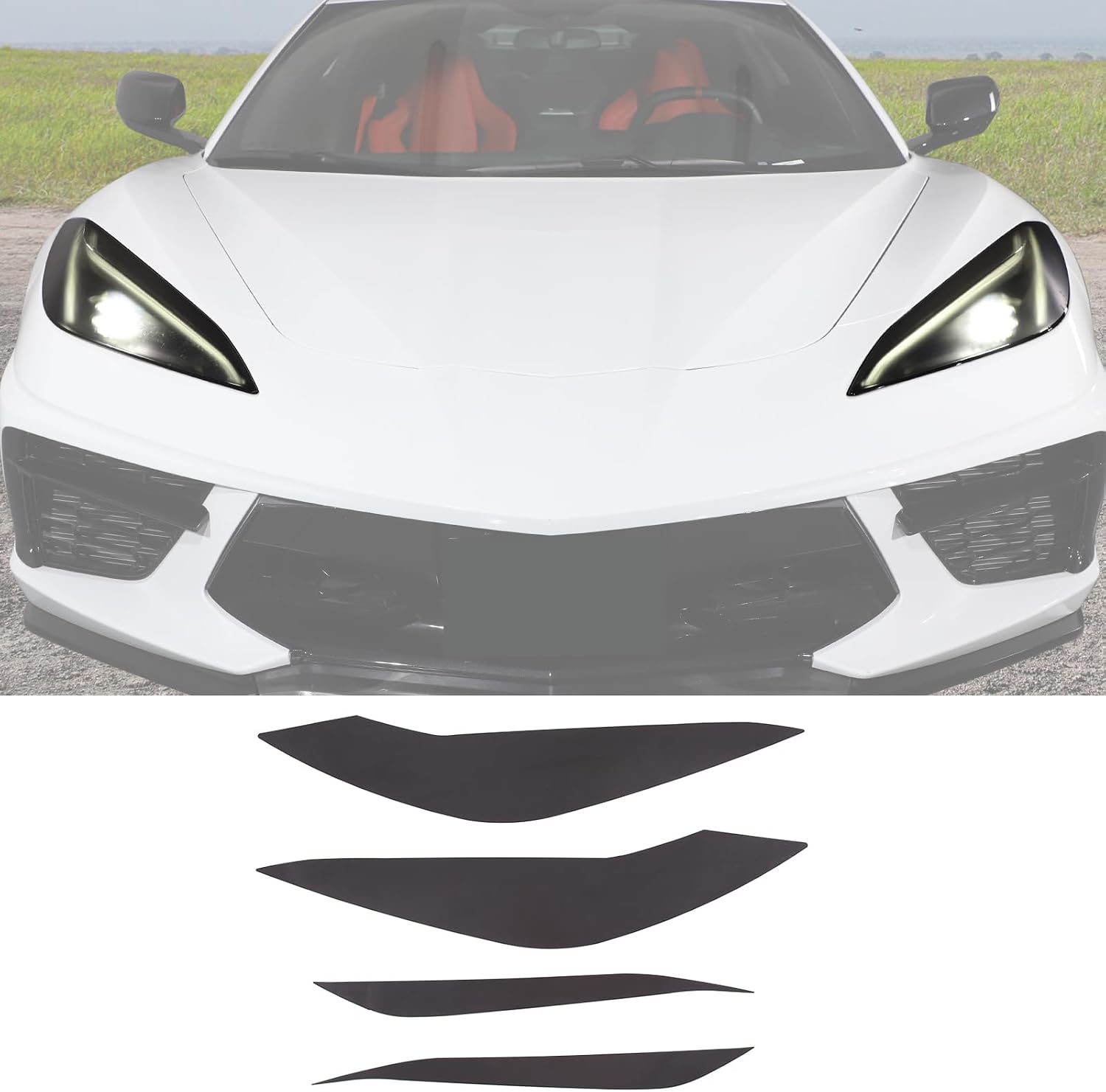 Front Headlight Panel Trim Film Compatible with Chevrolet Corvette C8 2020-2026, Car Front Headlamp Eyebrow Trim Sticker with Transparent Gray Wrap Cover Vinyl Decals 4Pcs