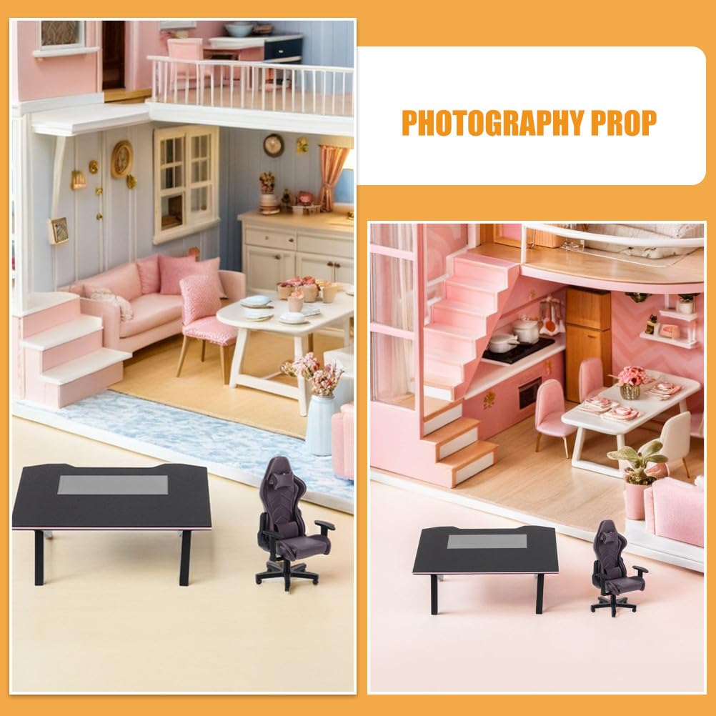 TOYANDONA Set da scrivania e sedie da gioco in miniatura in scala 1:12, modello realistico in miniatura per la decorazione della casa delle bambole, lavori di bricolage,