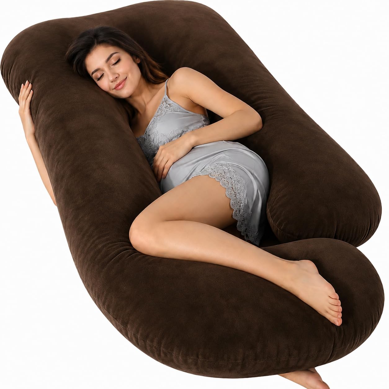 Full Body Pillows for Sleeping Cooling Pregnancy Pillow, U Shaped Pregnancy Body Pillow for Women, Maternity Pillows Pregnant Women with Removable Washable Velvet Cover Coffee Brown-image-47