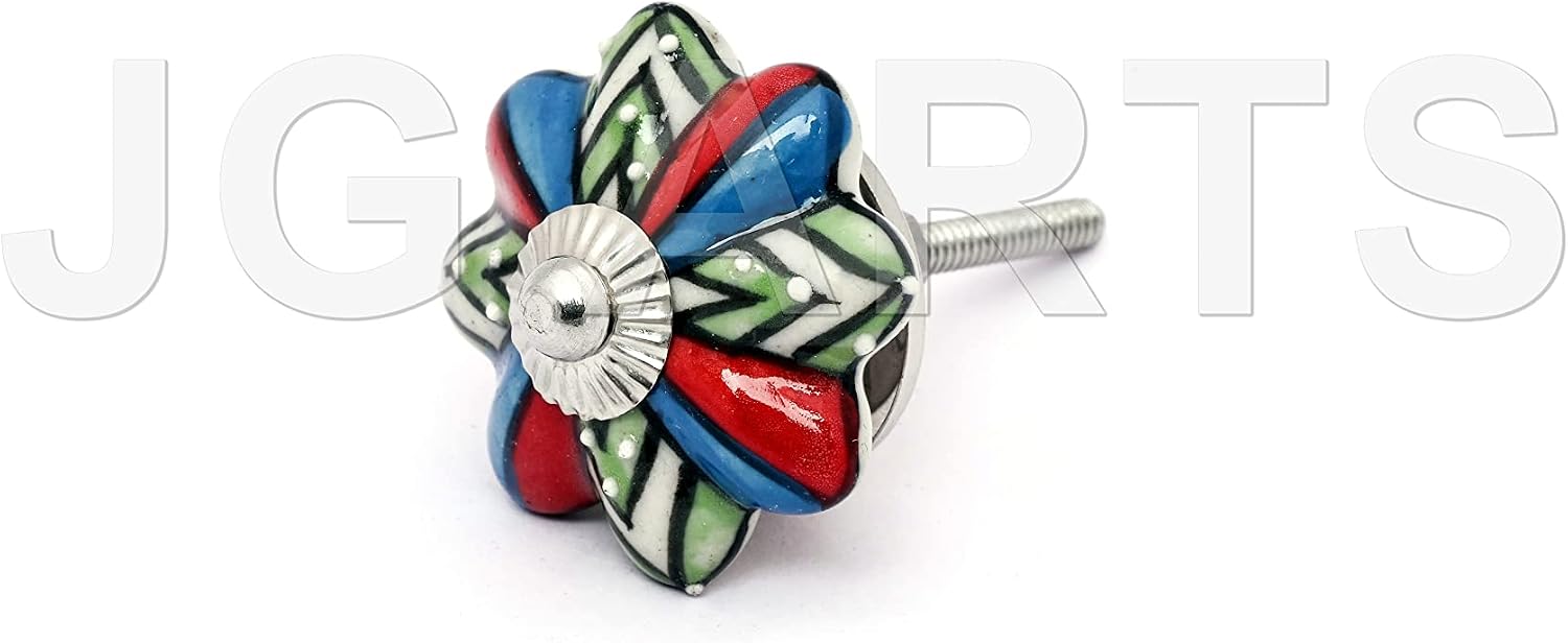 DORPMARKET Set of 10 Vintage Color Multi Designed Ceramic Cupboard Cabinet Door Knobs Drawer Pulls & Chrome Hardware