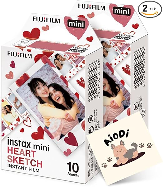 Fujifilm Instax Mini Heart Sketch Instant Camera Film: 20 Shoots Total, (10 Sheets x 2) - Capture Memories Anytime, Anywhere - AIODI Sticker Included