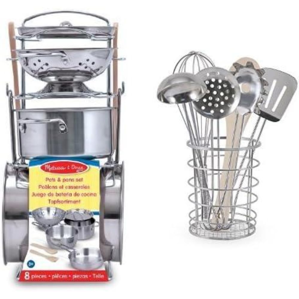 Melissa & Doug – Ensemble De Casseroles Et Poêles En Inox – 8 Pièces Avec Passoire, Couvercle, Ustensiles Bois Et Support – Jeu De Rôle Cuisine Dès 3 Ans