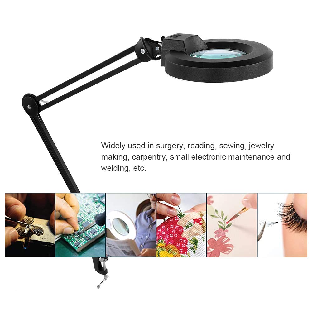 Fafeicy Lupenleuchte Zum Anklippen, LED-Lupenlampe, 5-Fach, Schwarz, Klemmleuchte Zum Lesen, Sticken, Gravieren, Nähen, Schmuck, Reparatur und Kleine Elektronikarbeiten