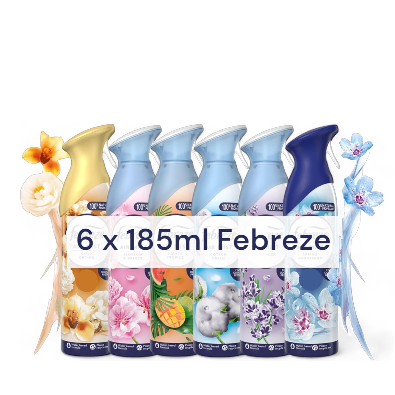 Air Mist Air Freshener Spray bundle - 6 x Febreze 185ml mixed scents - COTTON FRESH, FRUITY TROPICS, LAVENDER, SPRING AWAKENING, BLOSSOM BREEZE, GOLD ORCHID