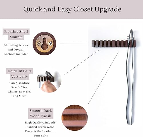 Miniatura 2 de Percha de cinturón de madera de haya para armario, organizador con acabado de madera oscura (10.75 x 2.5 x 1.7 pulgadas), soporte con accesorios de