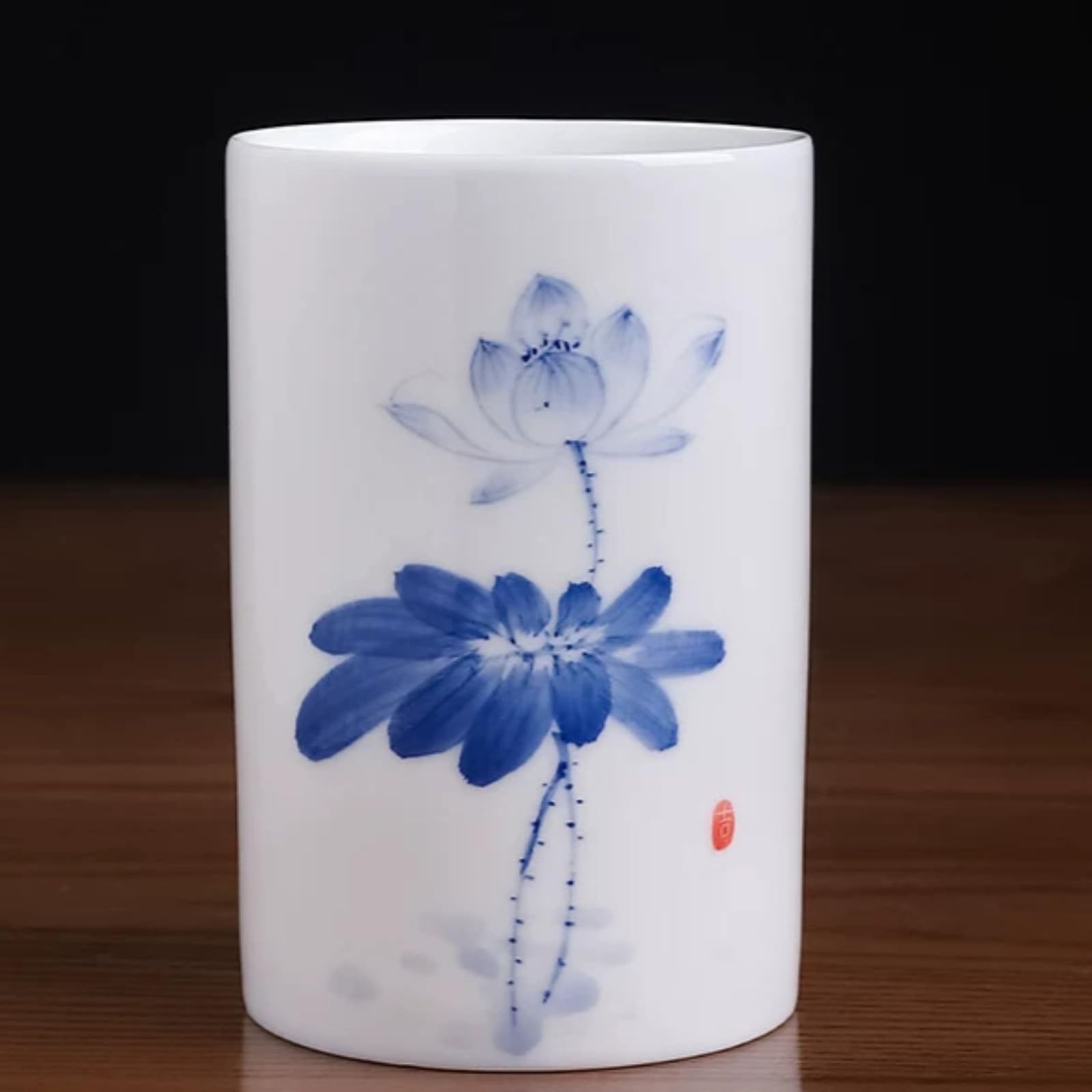 Handgezeichneter Lotus, Keramik, 12 cm, Unterglasur-Farbe, Stifthalter, Ornament