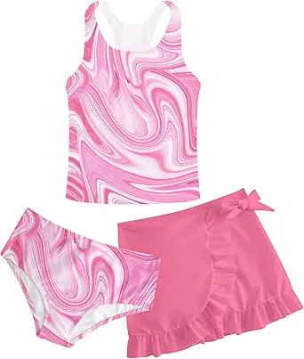 Girls Swimsuits 3 Piece Tankini Bathing Suit Set Cute Bikini Swimwear with Cover Ups Beach Skirt 5-16 Years