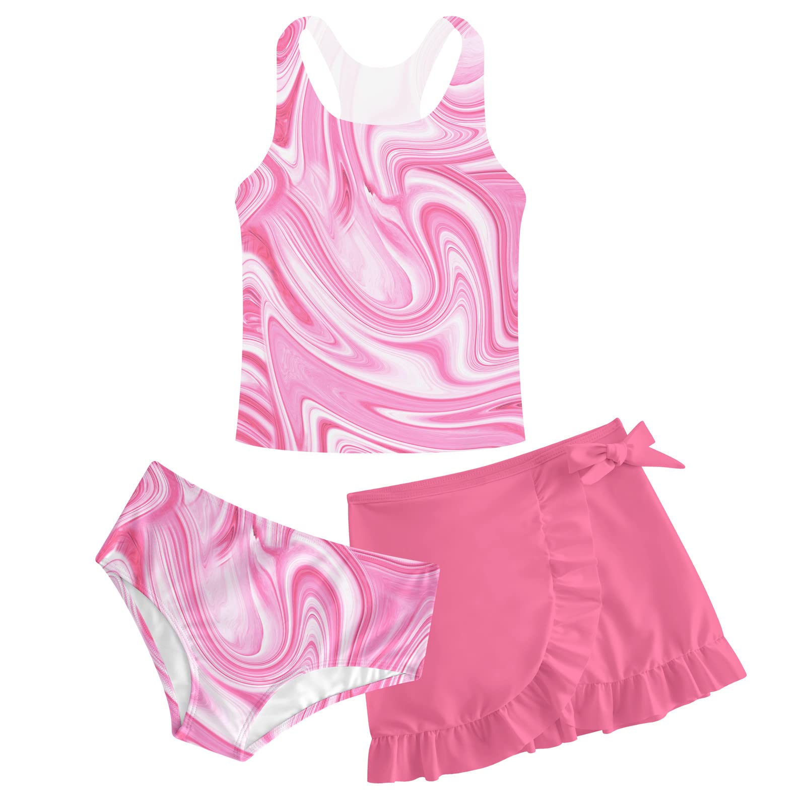 Girls Swimsuits 3 Piece Tankini Bathing Suit Set Cute Bikini Swimwear 5-16Y | 3 Piece, Padded, Cover Up Skirt, Lightweight，Breathable， No Shrink, No Fade, 3D Print Swimsuit for Beach Holiday Vacation