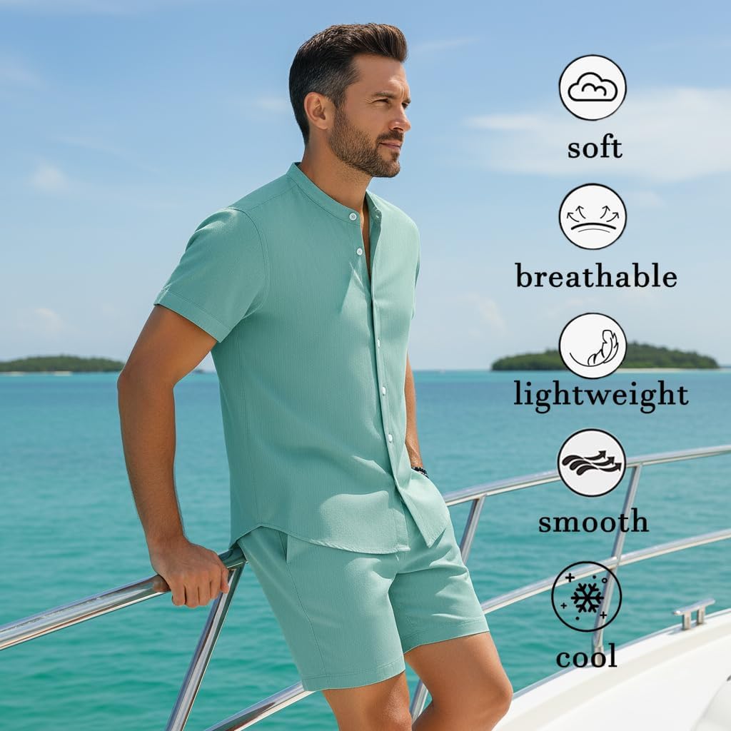 Casual Stand Collar Button Shirt and Shorts Set Hawaiian Beach Vacation Party Outfit Texture Linen Sets for Men