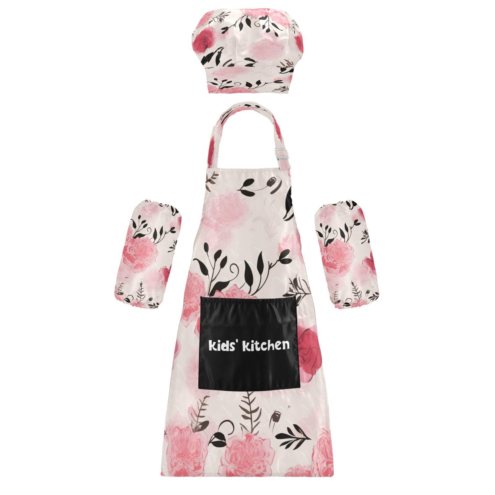 Bulletgxll Pink Roses Kids Apron and Chef Hat Set Adjustable Bib Aprons with Pockets for Cooking Baking Painting