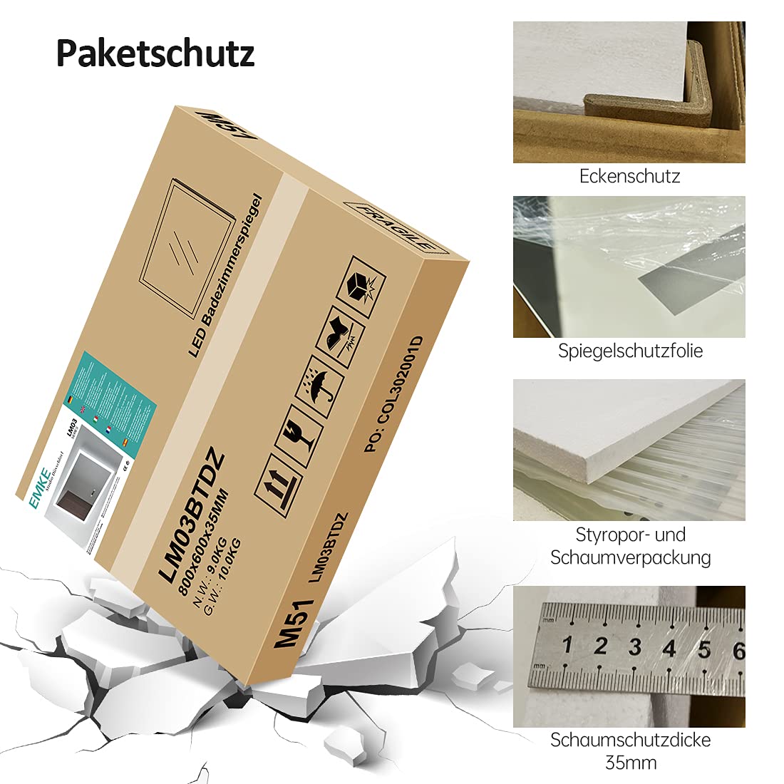 EMKE Badspiegel mit Beleuchtung rund 60cm Durchmesser, Badezimmerspiegel mit schwarzer Rahmen, 3 Lichtfarbe dimmbar, Speicherfunktion, Touch, 3 Stunden Auto-Abschaltung energiesparend wandspiegel