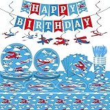 184pcs Airplane Birthday Party Supplies Set Includes Airplane Plates Napkins Tablecloth Swirl Banner Tableware Kit Dispose Airplane Birthday Table Decorations Favors, Serve 25