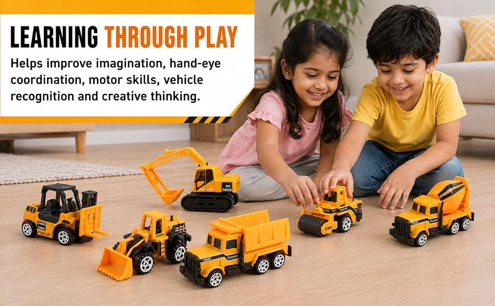 Image of Mini Construction Vehicle Toy Set for Kids - 6 PCS Free Wheel Engineering Trucks with Excavator, Bulldozer, Forklift, Dumper, Road Roller & Cement Mixer, Educational Toys