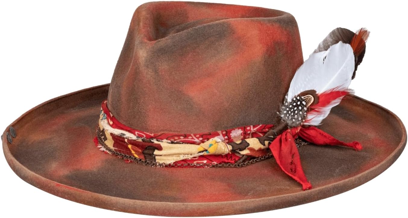 RUEDIGER Vintage Wide Brim Fedora Hats 100% Wool Stiff Felt Hat Rancher Hat with Lightning Logo Handmade Distressed/Burned