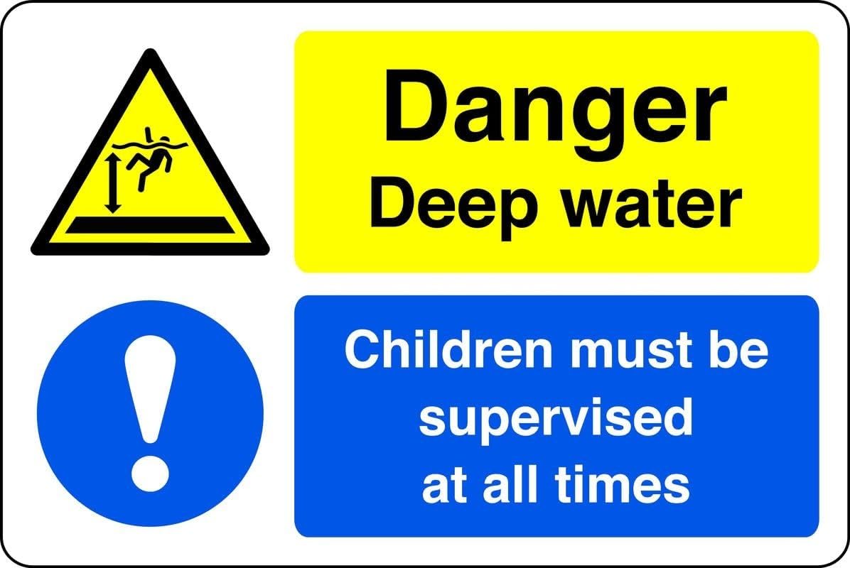 Danger deep water children must be supervised at all times - no swimming, no diving, deep water, slippery - 1.2mm Rigid plastic for indoor/outdoor usage (400mm x 300mm) Viewing Distance within 14m.