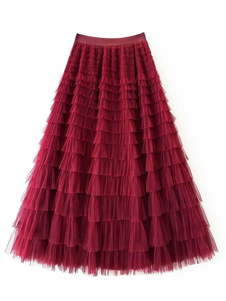 Falda larga de malla con volantes para mujer, cintura alta, primavera, verano, fiesta, mujer