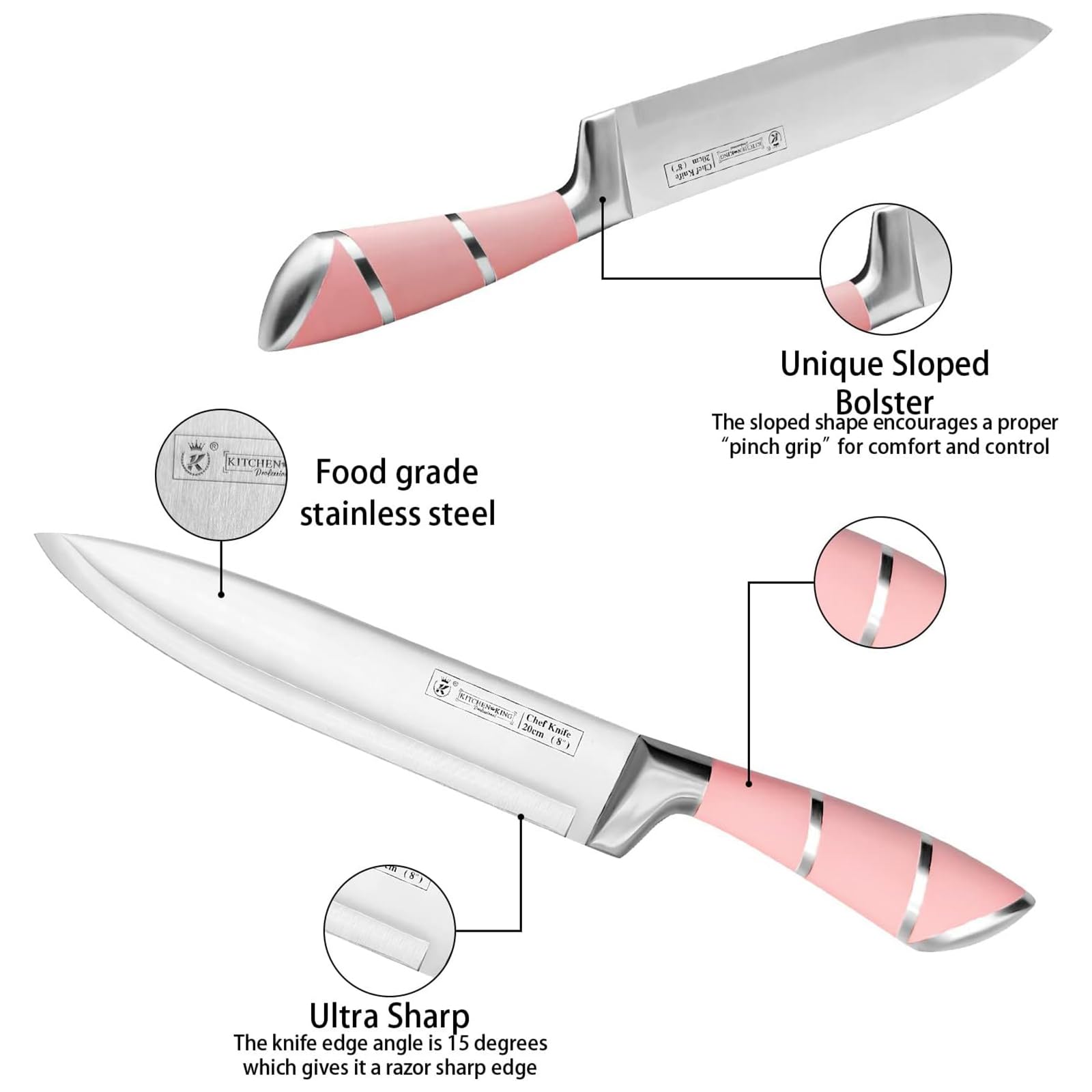 BVI BOOMERVIVI Couteaux de Cuisine, Set de 9 Couteaux de Chef Pointus Professionnels Rose, Ensemble de Porte - Couteaux à Poignée Creuse Rayée, Idéal pour Envoyer Famille et Amis (Rose)